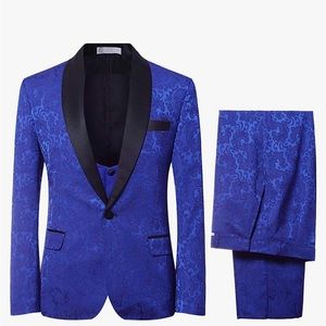 YFFUSHI Men's Elegant Jacquard 3 Piece Suit Slim Fit Royal Blue Sz XXXL - NEW